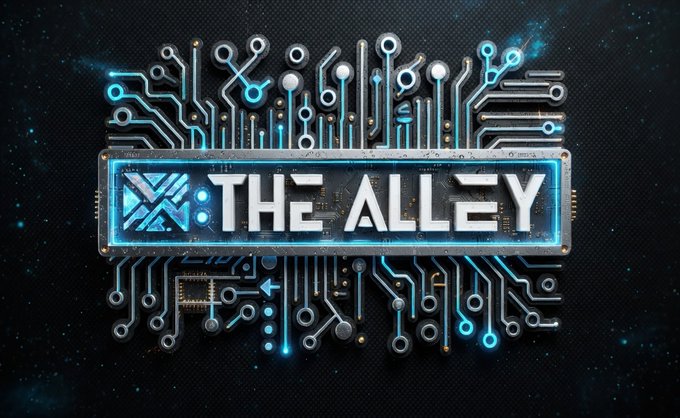 A digital banner displays the text 'THE ALLEY' against a stylized circuit board background with glowing blue traces.