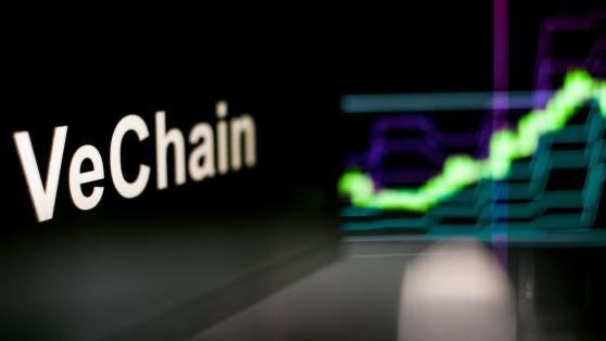 The image shows a black background with the word "VeChain" written in white letters. The text also features an image of a graph, creating a unique visual element that adds context or information about the topic being discussed. This combination of bold text against a dark background draws attention and helps convey the purpose of the post - promoting transparency and innovation within the AI agent economy using VeChain's platform for building trust in artificial intelligence systems.
