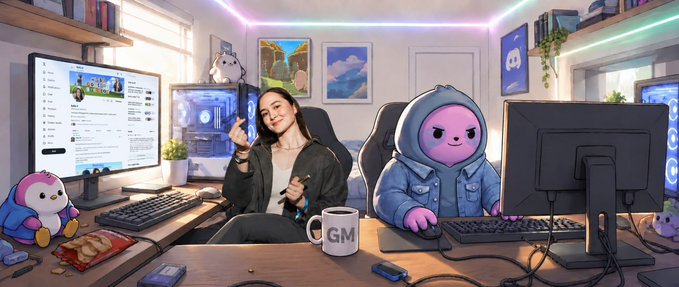 A 3D-rendered streaming/gaming room scene with a person at one desk and a pink-hooded character at another, with monitors, gaming gear, a "GM" mug, snacks, and a small penguin plush visible.