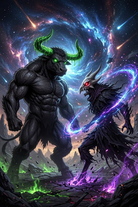 A fantasy digital illustration of a black minotaur-like creature with glowing green horns facing off against a dark armored demon with red eyes, surrounded by magical blue and purple energy in a cosmic setting.