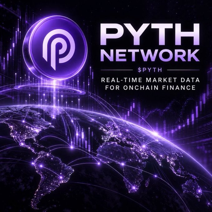 A promotional image for PYTH NETWORK ($PYTH) features a purple coin logo and the tagline 'REAL-TIME MARKET DATA FOR ONCHAIN FINANCE' against a stylized world map with glowing data lines.