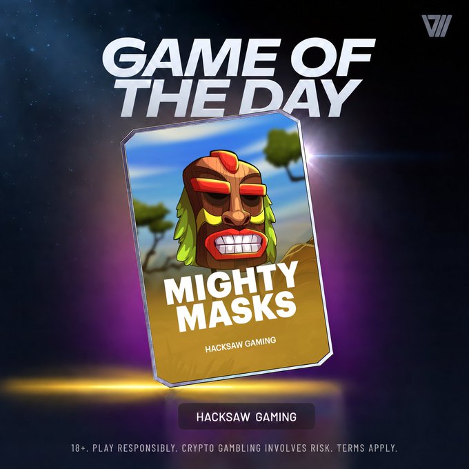 A promotional "Game of the Day" graphic features a stylized tribal tiki mask character on a game card titled "Mighty Masks" by Hacksaw Gaming, set against a cosmic purple and blue background with a glowing light flare. The card highlights the featured slot game, complementing the post's challenge for the first three users to achieve a 250x multiplier on Mighty Masks to win $100 each, with responsible gambling disclaimers and an 18+ age requirement noted at the bottom.