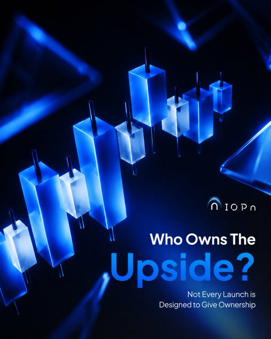 This image displays blue, glowing candlestick charts, symbolizing market trends and the concept of "Who Owns The Upside?" as suggested by the text, relating to the unlocking of vested tokens in the crypto market and questioning the design optimization of token launches. The brand "IOPON" is also visible.