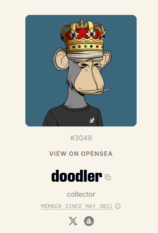 The image shows a cartoon character wearing a crown, with the caption "View On OpenSea @Doodlerer collector". The caption also includes some text about the character's status as a member of the "Member since may 2021 @BoredApeYC" group on May 2021.