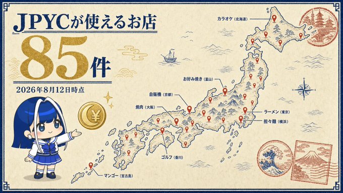 An illustrated map of Japan shows 85 red pins marking locations where JPYC can be used as of August 12, 2026, with "JPYCが使えるお店 85件" prominently displayed. The cheerful mascot JPYC-chan stands on the left holding a yen coin, while examples of partner businesses are labeled in regions including Sapporo (Karafuku), Tokyo (Ramen), Yokohama (Golf), Osaka (Yakiniku), Kyoto (Giongo), Fukuoka (Mango), and Miyazaki (Mango).