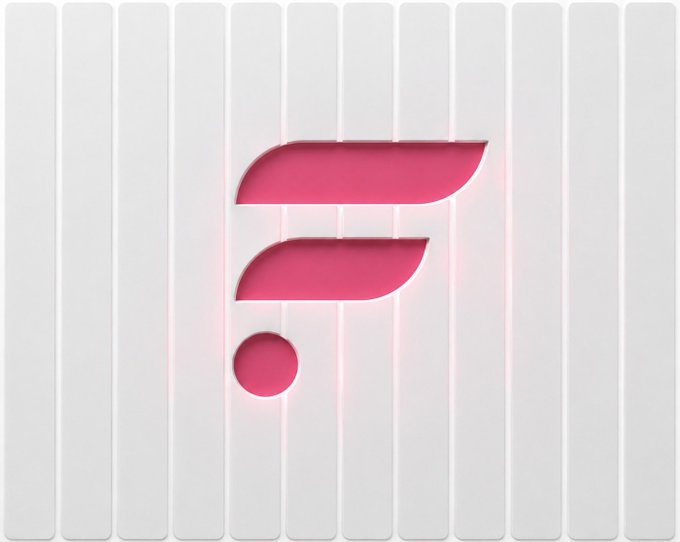 A 3D rendering of a stylized pink/magenta logo consisting of two curved leaf-like shapes and a circle, displayed against a white paneled background.