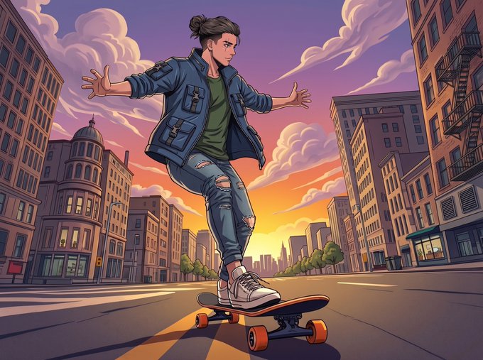 An anime-style illustration of a young man with his hair in a bun, wearing a blue jacket and ripped jeans, riding a skateboard down a city street at sunset.