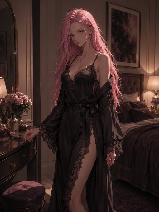 The image features a woman wearing a black dress with lace detailing, standing in front of a mirror in a bedroom setting. The room has a bed and a chair visible behind her. There are also some flowers placed near the bed, adding a touch of elegance to the scene. The overall atmosphere suggests that this is an artistic or creative space where the woman might be preparing for a photoshoot or simply enjoying her time in the room.