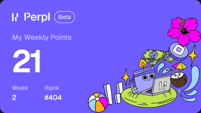 The image displays a "Perpl Beta" dashboard showing "My Weekly Points" of 21, Week 2, and a Rank of #404, featuring a playful illustration of a laptop character relaxing on a pool float surrounded by tropical items like a beach ball, hibiscus flower, and cash. The caption humorously ties in the low points earned (21) and modest rank (#404) with the post's comment about the increasing difficulty of earning points within the Monad ecosystem, suggesting Perpl users are finding it tougher to climb the leaderboard.