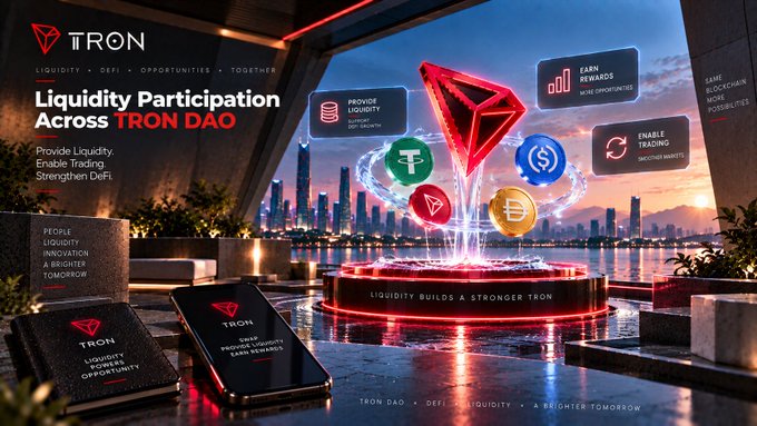 A promotional graphic for TRON DAO featuring the text 'Liquidity Participation Across TRON DAO,' with bullet points reading 'Provide Liquidity, Enable Trading, Strengthen DeFi,' and a tag 'LIQUIDITY BUILDS A STRONGER TRON,' along with floating icons labeled 'PROVIDE LIQUIDITY,' 'EARN REWARDS,' and 'ENABLE TRADING,' plus phones displaying the TRON logo.
