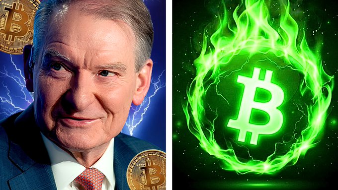A split image showing an older man in a suit on the left and a glowing green Bitcoin symbol surrounded by flames on the right.