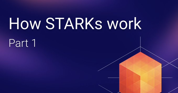 The image shows a purple background with an orange triangle at the center. The text "How STARKs work" is written above the triangle, and "Part 1" is below it. This suggests that the image is part of a presentation or tutorial about the STARK proof process, which involves verifying the execution steps of transactions to ensure they align with constraints.