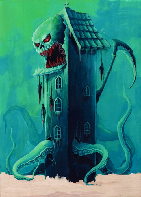 A haunting painting of a giant skull-faced creature fused into a tall, dark house with writhing tentacles and dripping figures, perfectly matching the "Monster House" title listed on @objktcom for 10 xtz.