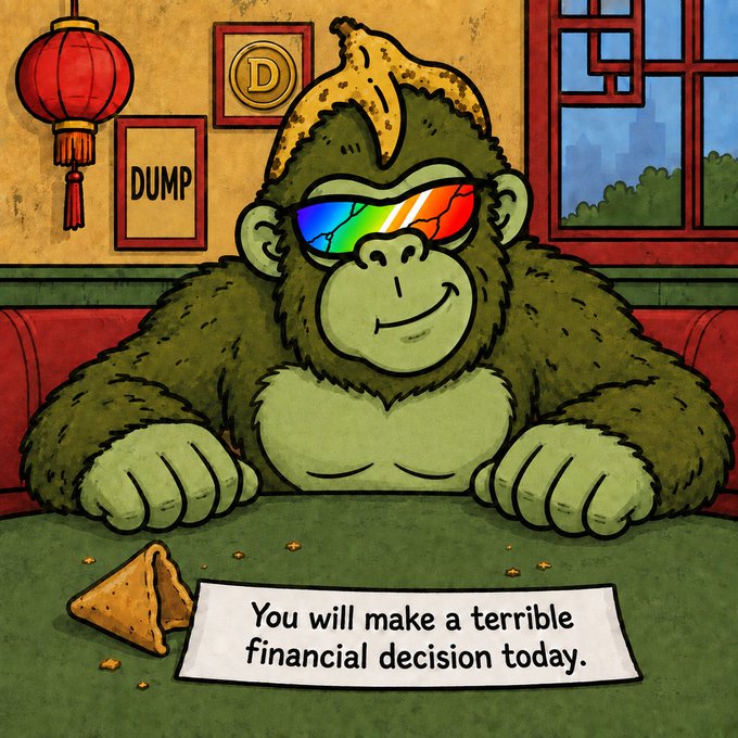 A cartoon illustration of a gorilla wearing rainbow sunglasses and a banana peel, sitting at a table with a fortune cookie message reading 'You will make a terrible financial decision today.'