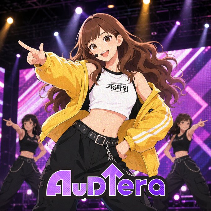 The image features an anime character wearing a yellow jacket with the word "Audera" written on it. The character is standing on stage, holding her arms out as if she's performing or giving directions. Behind her, there are three other characters who appear to be dancing and singing along. The background of the image is purple, which complements the overall color scheme of the anime.