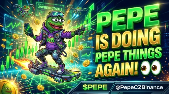 A vibrant digital illustration of the Pepe the Frog meme riding a futuristic skateboard amid cryptocurrency charts, with bold text reading 'PEPE IS DOING PEPE THINGS AGAIN!' alongside the $PEPE ticker and '@PepeCZBinance'.