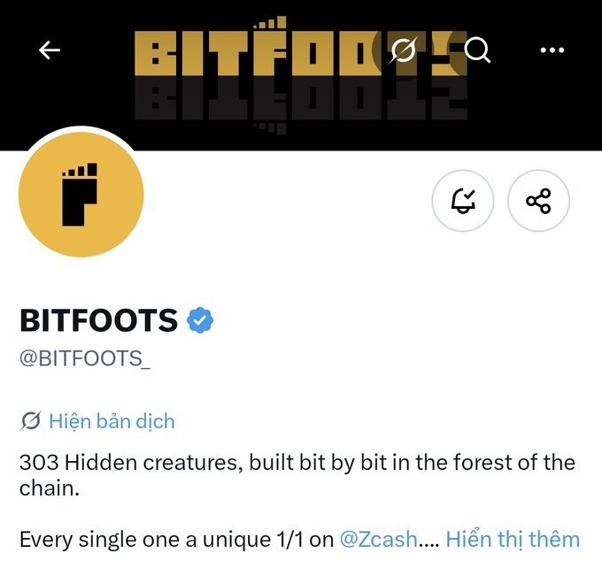 A Twitter profile for 'BITFOOTS' (@BITFOOTS_) showing the bio '303 Hidden creatures, built bit by bit in the forest of the chain.'