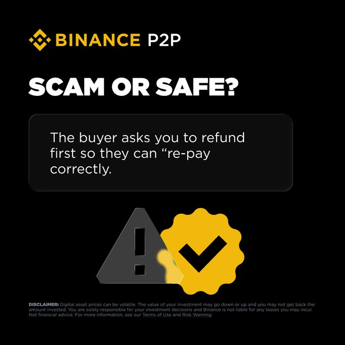 A Binance P2P safety alert graphic asks "SCAM OR SAFE?" and warns that if a buyer requests a refund outside the platform so they can "re-pay correctly," it's a scam—reinforcing the post's message to never refund outside the platform and trade safely on Binance P2P.