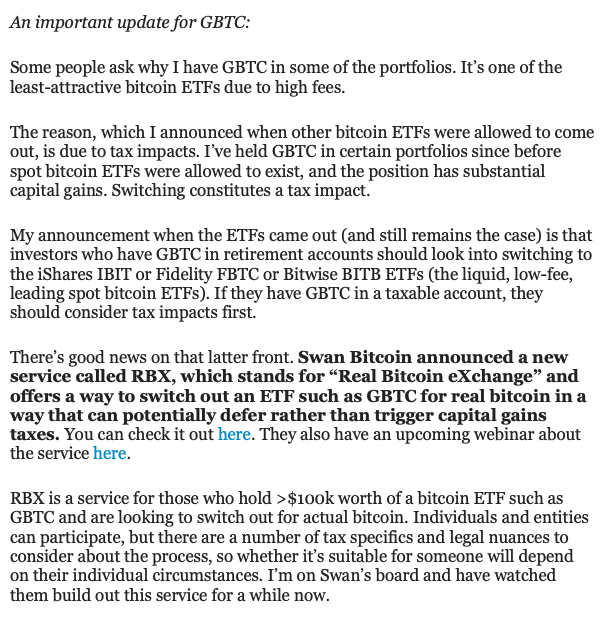 An article titled 'An important update for GBTC' discussing bitcoin ETFs, tax impacts, and Swan's new RBX service for 'Real Bitcoin eXchange'.