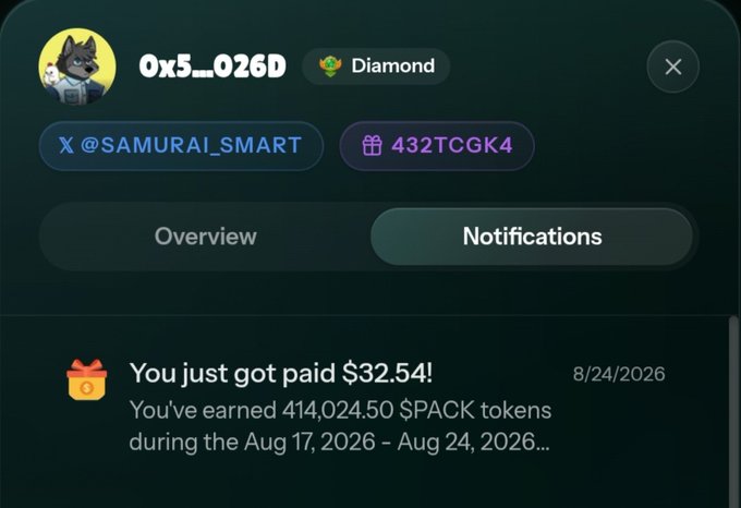 A notification screen for user '0x5...026D' (Diamond tier, @SAMURAI_SMART, code 432TCGK4) showing a payment of $32.54 for 414,024.50 $PACK tokens earned between Aug 17-24, 2026.