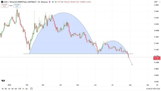 A TradingView candlestick chart of the COW/USDT perpetual contract on Binance showing an inverted head and shoulders pattern with a downward arrow suggesting further decline.