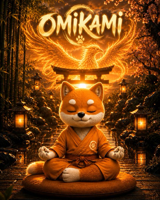 An artistic illustration of a serene Shiba Inu dog meditating in orange robes beneath the glowing text 'OMIKAMI' and a phoenix, set in a Japanese-style shrine with lanterns.