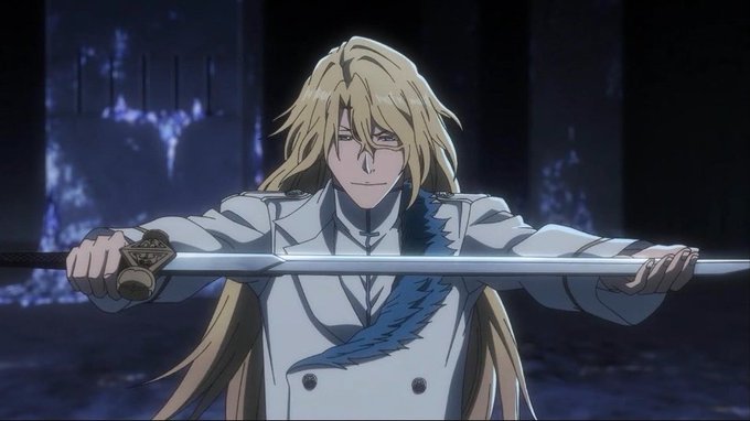 An anime character with long blonde hair and a white coat holds a sword horizontally across the frame in a dark setting.