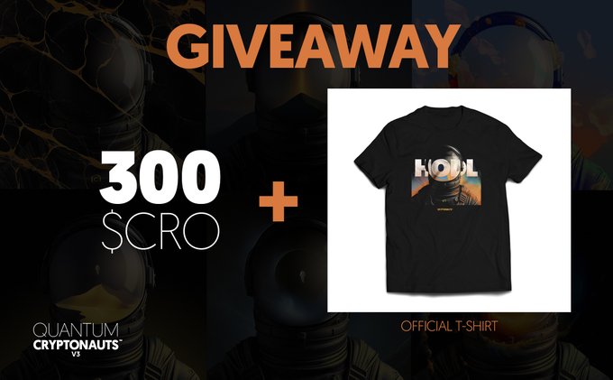 The image features a poster for Quantum Cryptonauts V3, an exclusive collection of t-shirts by Quantum Cryptonauts. The poster includes a black background with white text that announces "GIVEAWAY" followed by "300 $CRO + 1x official t-shirt". The main focus is on the t-shirt itself, which has a unique design featuring an image of a man wearing a helmet and sunglasses against a sunset backdrop. The text in the poster also mentions that the t-shirts are available for purchase at Quantum Cryptonauts V3.