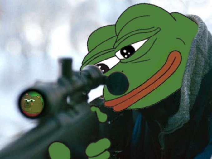 A meme combining a green Pepe the Frog face superimposed onto a person aiming a sniper rifle, with the rifle's scope also containing a small Pepe image.