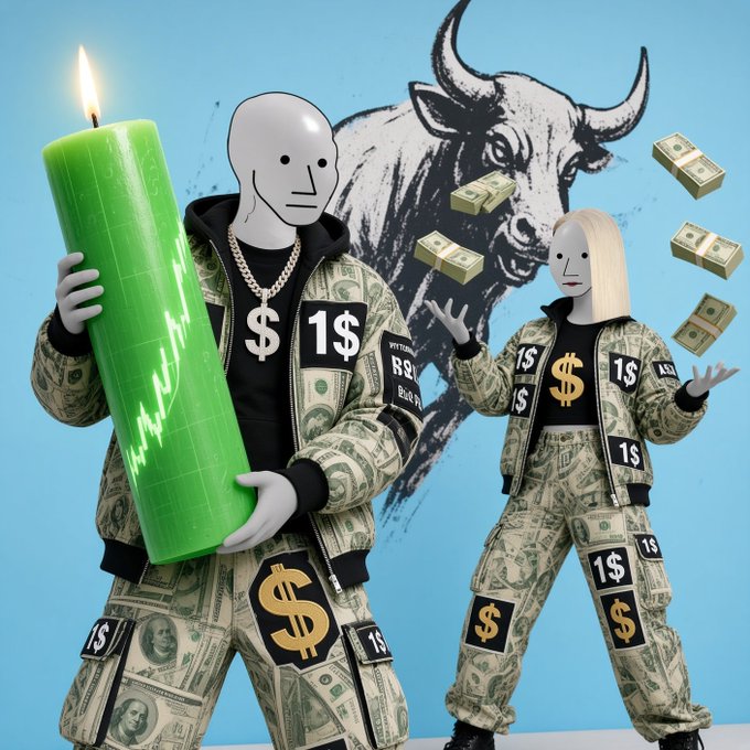 Two mannequins in dollar bill patterned tracksuits, one holding a green candle with a stock chart, standing before a bull illustration with floating money.
