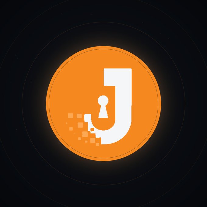 An orange circular logo featuring a stylized white letter 'J' with a keyhole design on a dark background.