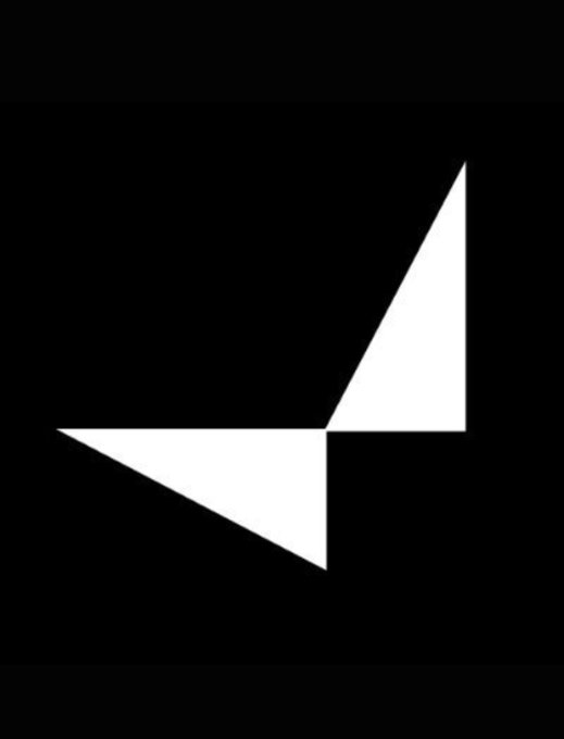 Minimalist white geometric logo on a black background, appearing to form an abstract '4' or arrow shape.