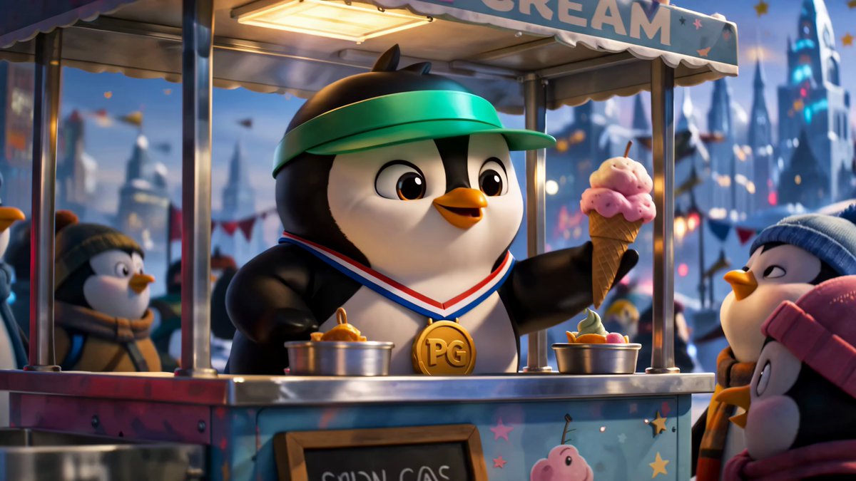 The image features a cartoon penguin standing next to an ice cream cart with a cone of ice cream. A person dressed as a penguin is also present near the cart, possibly selling or serving the ice cream. The background shows a cityscape with buildings under a blue sky, suggesting that it's either morning or evening in a populated area. The image includes text that reads "Good Morning Degens, I Guess it' s Time To Save The Market." This phrase is likely an inside joke or reference to the current situation of the market being saved by the penguin character.