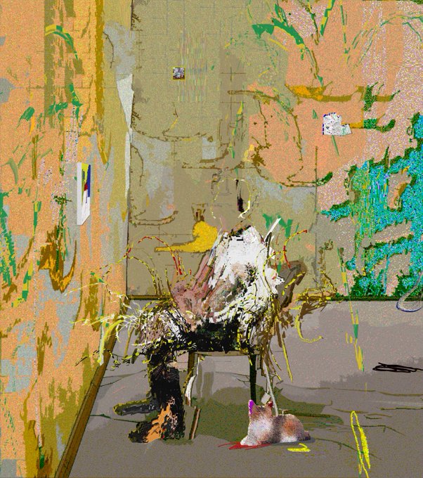 A glitchy, painterly artwork of a hooded figure sitting in a chair with tangled wires or vines, accompanied by a small cat on the floor.