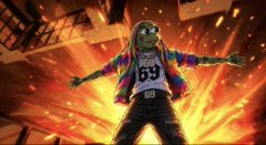 An action figure with green skin and a blue and red jacket wearing a shirt that says '69', posed dynamically against an explosive fiery background.