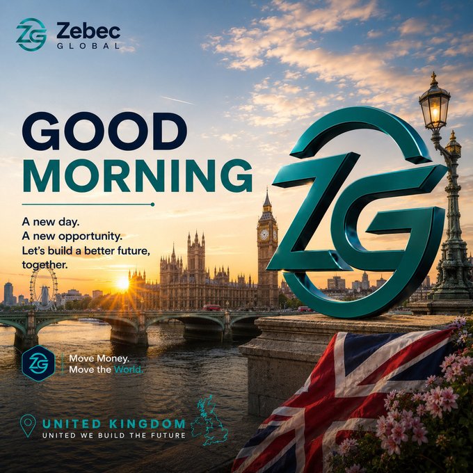 A Zebec Global 'GOOD MORNING' promotional graphic featuring a London cityscape with Big Ben, the tagline 'Move Money. Move the World.' and 'UNITED KINGDOM' label.