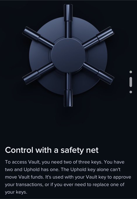 A dark-themed graphic features a stylized vault wheel with six spokes, paired with the headline "Control with a safety net," explaining Uphold's 2-of-3 multi-signature Vault security system where two keys are needed to access funds. The visual reinforces the post's message about self-custody crypto storage with a recovery backup option for BTC, XRP, and HBAR.
