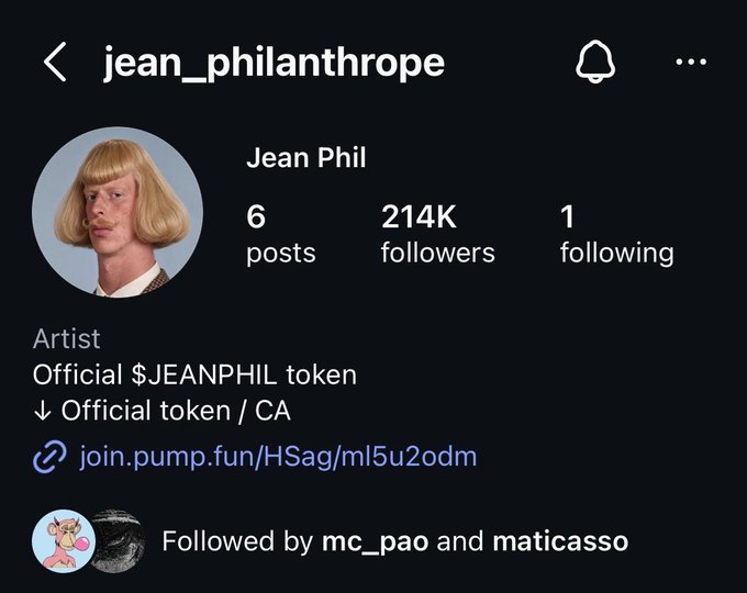 An Instagram profile screenshot for "jean_philanthrope" (Jean Phil), an artist with 214K followers promoting the official $JEANPHIL token via join.pump.fun/HSag/ml5u2odm.