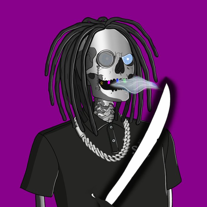 A bold digital illustration of a dreadlocked skeleton with glowing blue eyes, a colorful grill, and a smoking cigarette, wearing a black polo shirt and silver chain against a vibrant magenta background.