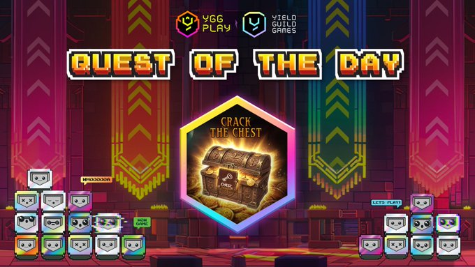 The image features a poster for a video game called "Quest of the Day" that has been posted on social media. The poster includes a colorful background with various elements, such as a castle or a building, and a large hexagon containing a treasure chest. The text on the poster reads "Crack The Check Objective - Enroll in the quest on the YGG Play Launchpad: app.yggplay.fun/quests/crack-t". This suggests that the game is about cracking codes or solving puzzles, and players can earn rewards by completing these tasks.