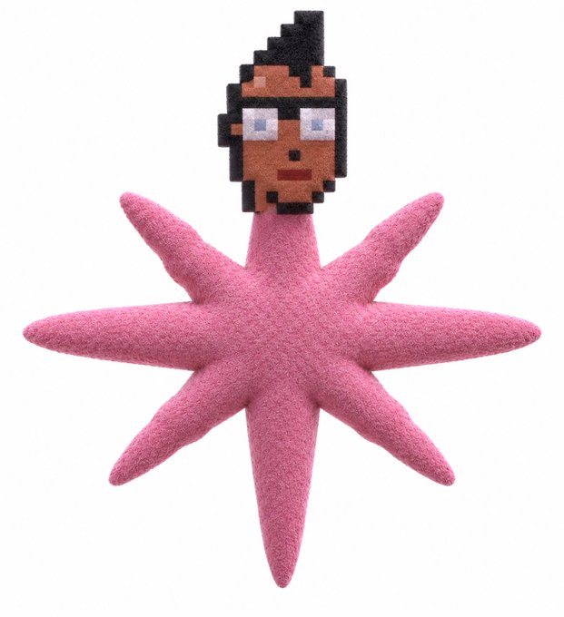 A pink star-shaped plush toy with a pixel art head of a dark-skinned character wearing glasses, resembling a NFT collectible figure.