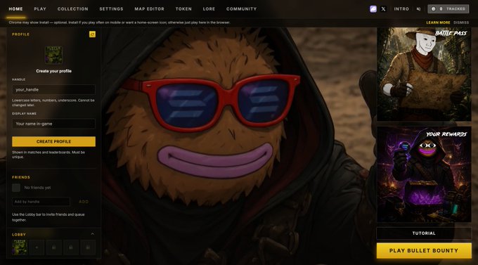 A gaming website profile page featuring a furry character wearing red sunglasses, with a "PLAY BULLET BOUNTY" button.