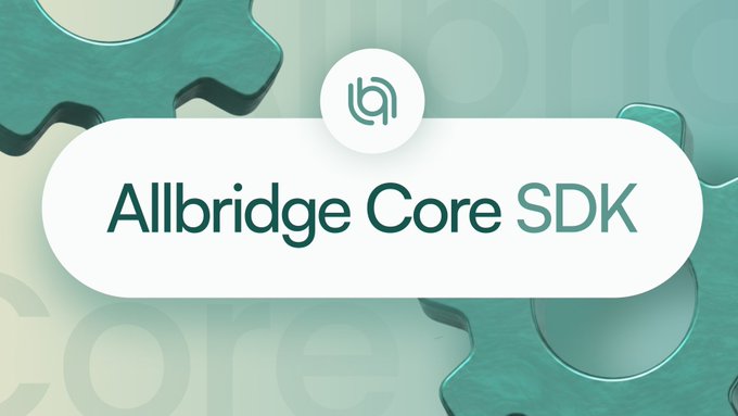 A digital graphic displaying the text 'Allbridge Core SDK' inside a white rounded banner, accompanied by a logo and set against a teal background with abstract shapes.