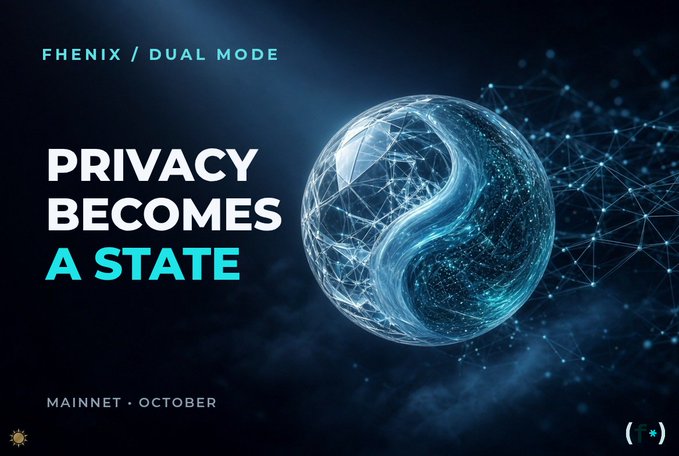 A promotional graphic for 'PHENIX / DUAL MODE' featuring a glowing blue digital sphere with the tagline 'PRIVACY BECOMES A STATE' and 'MAINNET · OCTOBER' below.