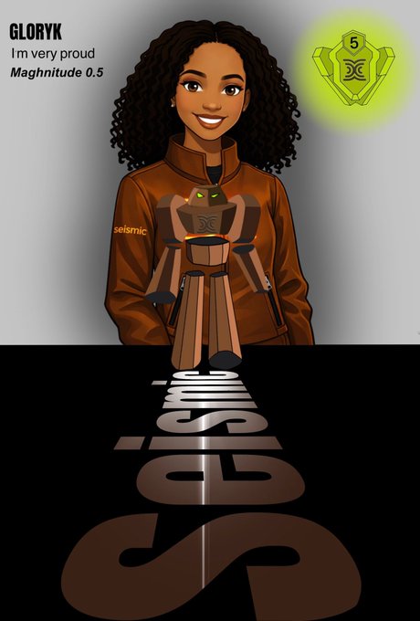 A digital portrait of a smiling woman in a brown "Seismic" jacket holding a small robot, with text "GLORYK I'm very proud Maghnitude 0.5" and a "Seismic" logo.