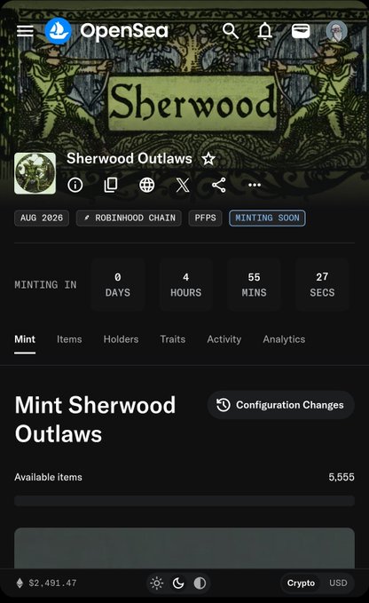 An OpenSea webpage shows an upcoming NFT mint for 'Sherwood Outlaws' on the Robinhood Chain, with 5,555 available items and a countdown timer.