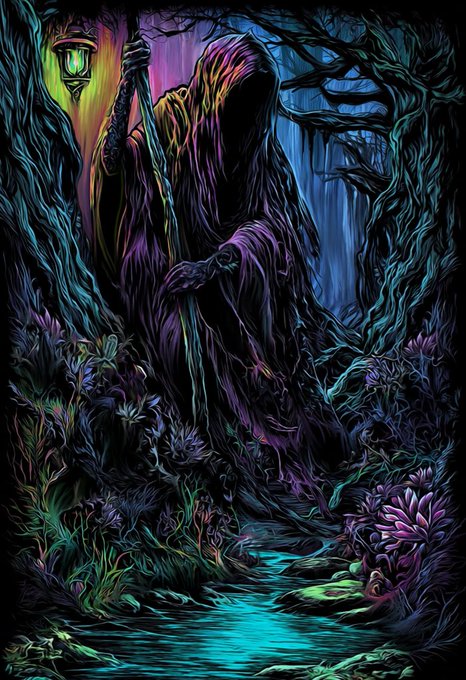 The image features a painting with a dark figure dressed in purple robes holding a sword while standing near a river, surrounded by trees and flowers. The artist has used a variety of colors including blue, green, and purple for the background, creating an immersive and visually striking scene. The painting is accompanied by a caption that reads "There are a lot of great art pieces out there A lot of real collectors A lot people are unaware of right now, and it's hard for them to see when extraction is the loudest voice".