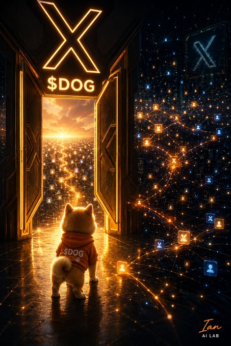 A digital artwork of a small dog in a '$DOG' hoodie looking through an open doorway at a glowing orange cityscape with an 'X' symbol above, signed 'Ian AI LAB'.