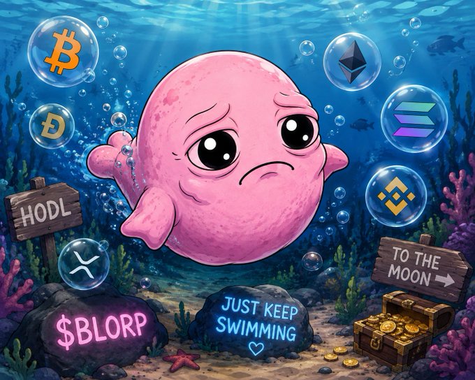 A cartoon illustration of a sad pink blob creature underwater surrounded by bubbles containing crypto logos (Bitcoin, Dogecoin, Ethereum, Solana, BNB, XRP), with signs reading 'HODL', '$BLORP', 'JUST KEEP SWIMMING', and 'TO THE MOON' pointing to a treasure chest.