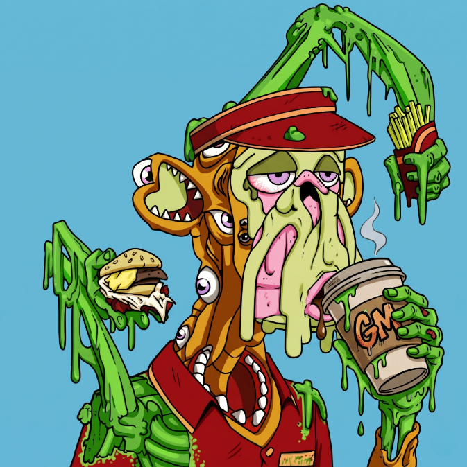 The image features a cartoon character dressed as a waiter, wearing a red shirt and a green hat, holding a cup of coffee and eating a hamburger with fries. The character appears to be covered in goo or slimy substance, giving it an unusual appearance. The caption reads "GM! Looking to connect with more worldwide BAYC/MAYC holders". This suggests that the image might have been created as part of a promotional campaign for GM, a popular fast-food chain.